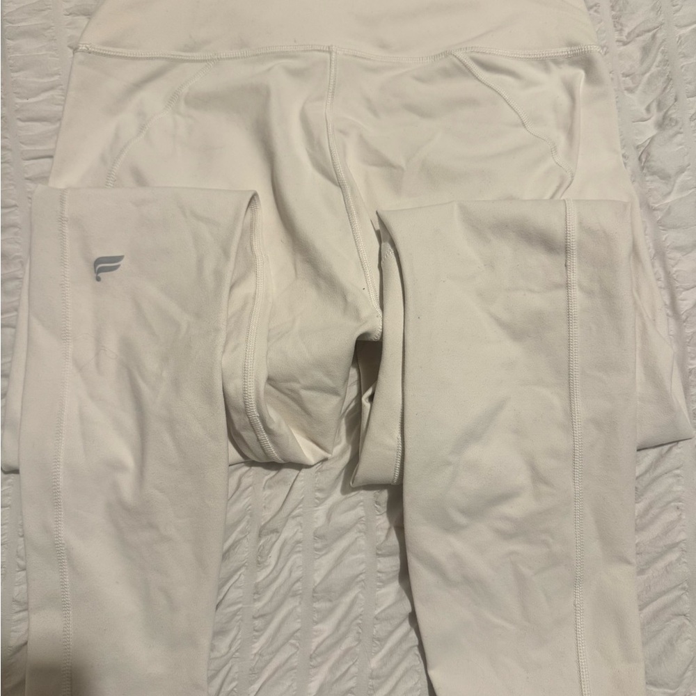 Fabletics Cream/White PowerHold Leggings with Subtle Gray Logo